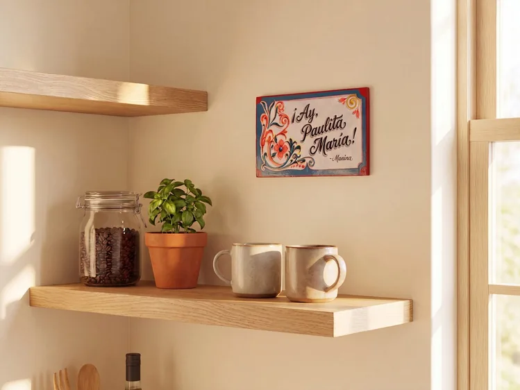 Placa de fileteado porteño colgada en una pared